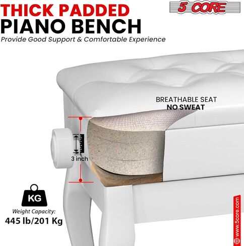 5 Core Piano Bench 3 بوصة مبطنة ببراز خشبي الموسيقي الشاقية عالية الدعوى كرسي المقعد القابل للتعديل مقعد مع التخزين غير المطاطي in Kuwait