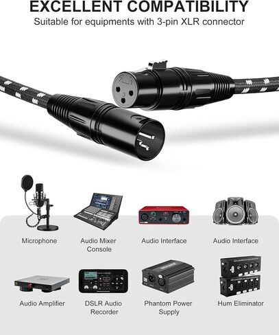 كابلات XLR 25ft 2 حزمة ، كابل ميكروفون XLR مضفر نايلون متين ، كابل الميكروفون ، محمي ومتوازن تمامًا من الذكور إلى الحبل الإناث لتسجيل مكبر الصوت الأسود الأبيض in Kuwait