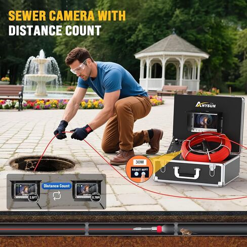 Sewer Camera 100FT, Can Connect External Monitor, Zoom in and Out, IP68 Waterproof, 12 pcs Adjustable Light, Plumbing Snake Cam with DVR Pipe Video Inspection, for Sewer Line, Drain, Duct, Plumbing in Saudi Arabia