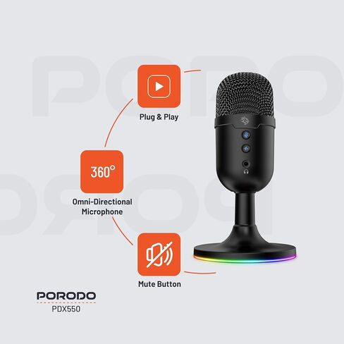 Gaming Omni-Directional Microphone, RGB Lights Stand, 1.8M PVC Cable, 100-16KHz Frequency Response, 800-2.2K Ohms Impedance, ANC, Mute Button, Mac & Windows Compatible – Black in Saudi Arabia