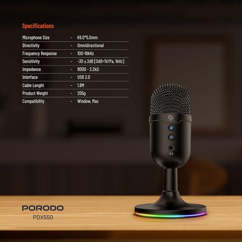 Gaming Omni-Directional Microphone, RGB Lights Stand, 1.8M PVC Cable, 100-16KHz Frequency Response, 800-2.2K Ohms Impedance, ANC, Mute Button, Mac & Windows Compatible – Black in Saudi Arabia