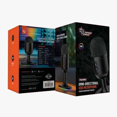Gaming Omni-Directional Microphone, RGB Lights Stand, 1.8M PVC Cable, 100-16KHz Frequency Response, 800-2.2K Ohms Impedance, ANC, Mute Button, Mac & Windows Compatible – Black in Saudi Arabia