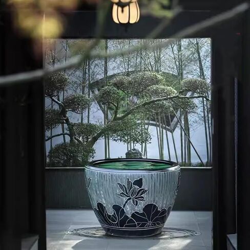 Small Fish Tank Black Carved Ceramic Goldfish Tank Living Room Garden Lotus Tank Water Lily Ornamental Tank Garden Decoration Fish Tank Kit(42cm) in Saudi Arabia
