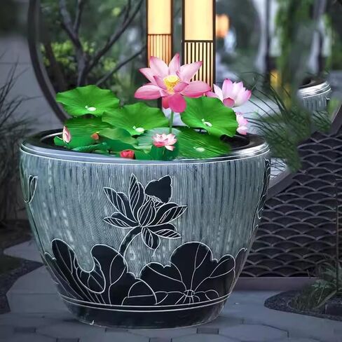 Small Fish Tank Black Carved Ceramic Goldfish Tank Living Room Garden Lotus Tank Water Lily Ornamental Tank Garden Decoration Fish Tank Kit(42cm) in Saudi Arabia