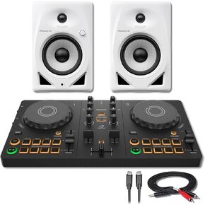 Alphatheta DDJ-FLX2 2-Deck DJ Controller مع Pioneer DM-40D-W 4 "مكبرات الصوت النشط على سطح المكتب الأبيض وكابل Hosa Stereo Breakout in Kuwait