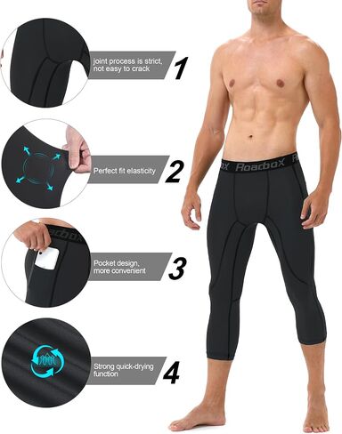 Roadbox Mens 3/4 Compression Pants with Pockets, 1/2 Pack Athletic Running Legging Tights, Workout Basketball Gym Base Layer in Saudi Arabia