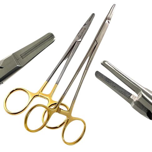 Set of 2 Premium Stainless Steel Needle Holders, 5.5in & 6in Ryder Needle Drivers with Tungsten Carbide (TC) Inserted Jaws Gold Ratchet Handle - Autoclave-Safe in Saudi Arabia