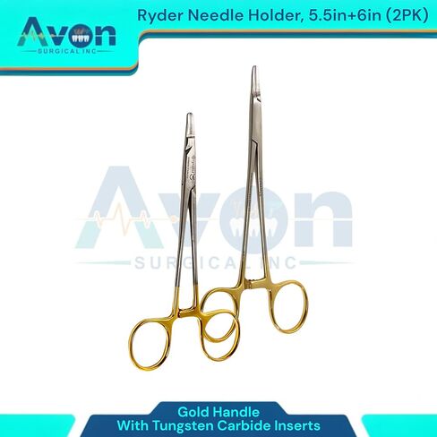 Set of 2 Premium Stainless Steel Needle Holders, 5.5in & 6in Ryder Needle Drivers with Tungsten Carbide (TC) Inserted Jaws Gold Ratchet Handle - Autoclave-Safe in Saudi Arabia