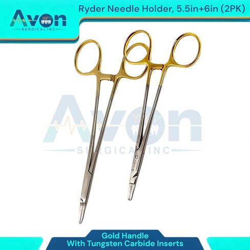Set of 2 Premium Stainless Steel Needle Holders, 5.5in & 6in Ryder Needle Drivers with Tungsten Carbide (TC) Inserted Jaws Gold Ratchet Handle - Autoclave-Safe in Saudi Arabia