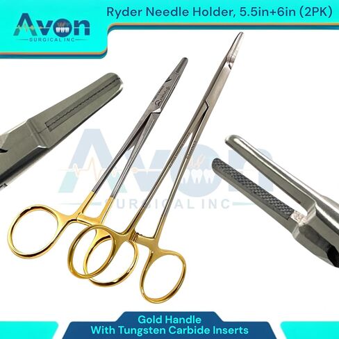 Set of 2 Premium Stainless Steel Needle Holders, 5.5in & 6in Ryder Needle Drivers with Tungsten Carbide (TC) Inserted Jaws Gold Ratchet Handle - Autoclave-Safe in Saudi Arabia