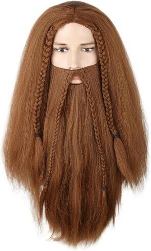 Black Long Curly Pirate Wig and Moustache Halloween Cosplay Costume Wig in Kuwait