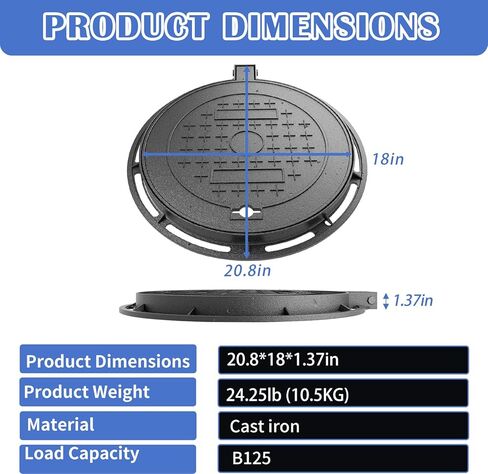 12" Cast Iron Manhole Cover and Frame, Heavy Duty B125 Septic Tank Lid with Base, Round Sewage Basin Lid, Black Metal Inspection Cover,Non-Slip Reinforced Sewage Basin Cover. in Saudi Arabia