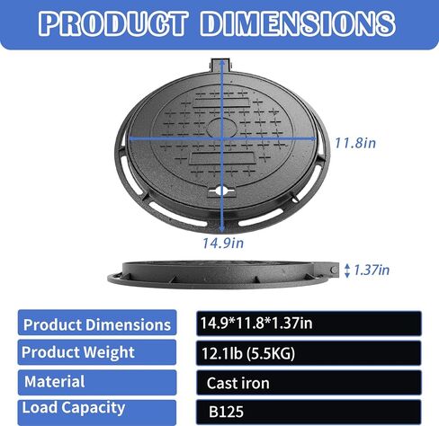 12" Cast Iron Manhole Cover and Frame, Heavy Duty B125 Septic Tank Lid with Base, Round Sewage Basin Lid, Black Metal Inspection Cover,Non-Slip Reinforced Sewage Basin Cover. in Saudi Arabia