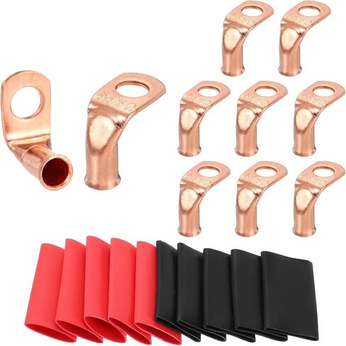 MECCANIXITY 10pcs 4 Awg 90° Bent Copper Lugs Battery Cable Ends, 4 Gauge 5/16" Stud Battery Lugs Ring Terminal Connector with 10pcs 3:1 Black & Red Heat Shrink Tubing in Saudi Arabia