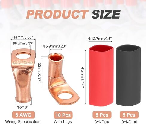 MECCANIXITY 10pcs 4 Awg 90° Bent Copper Lugs Battery Cable Ends, 4 Gauge 5/16" Stud Battery Lugs Ring Terminal Connector with 10pcs 3:1 Black & Red Heat Shrink Tubing in Saudi Arabia