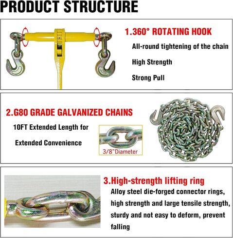 Chain and Binder Kit 5/16in-3/8in，G80 Chains Heavy Duty Ratchet Load Binders，Secure Tie Down Binder for Hauling and Towing,2 Pack in Kuwait