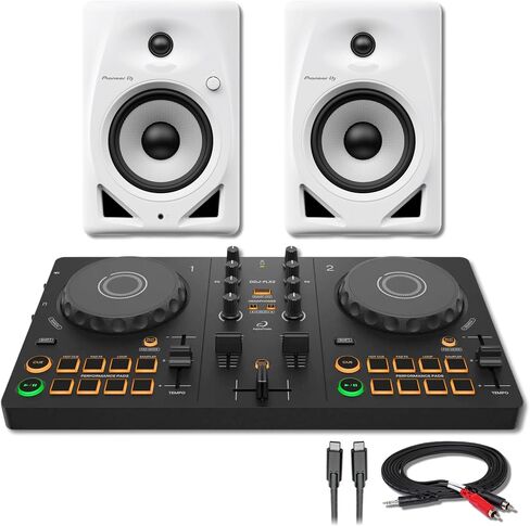 Alphatheta DDJ-FLX2 2-Deck DJ Controller مع Pioneer DM-40D-W 4 "مكبرات الصوت النشط على سطح المكتب الأبيض وكابل Hosa Stereo Breakout in Saudi Arabia
