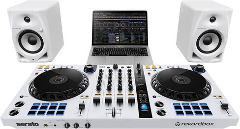 Alphatheta DDJ-FLX2 2-Deck DJ Controller مع Pioneer DM-40D-W 4 "مكبرات الصوت النشط على سطح المكتب الأبيض وكابل Hosa Stereo Breakout in Saudi Arabia