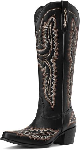 MUCCCUTE Cowboy Boots for Women Cowgirl Boots Western Knee High Pointed Toe with Classic Embroidery Side Zipper Chunky Heel Pull On Retro Country Tall Boot in Saudi Arabia