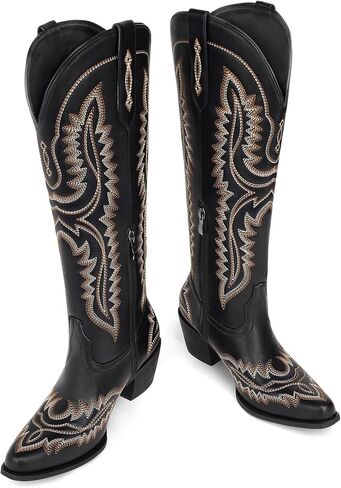 MUCCCUTE Cowboy Boots for Women Cowgirl Boots Western Knee High Pointed Toe with Classic Embroidery Side Zipper Chunky Heel Pull On Retro Country Tall Boot in Saudi Arabia