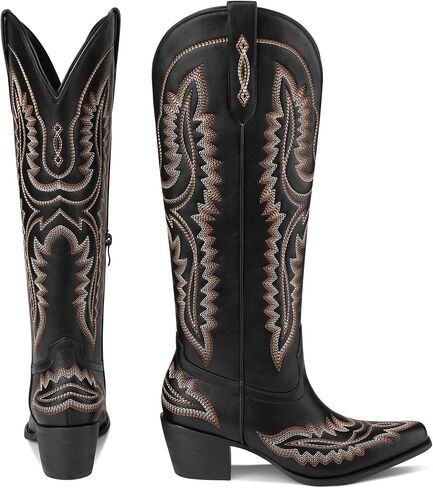 MUCCCUTE Cowboy Boots for Women Cowgirl Boots Western Knee High Pointed Toe with Classic Embroidery Side Zipper Chunky Heel Pull On Retro Country Tall Boot in Saudi Arabia