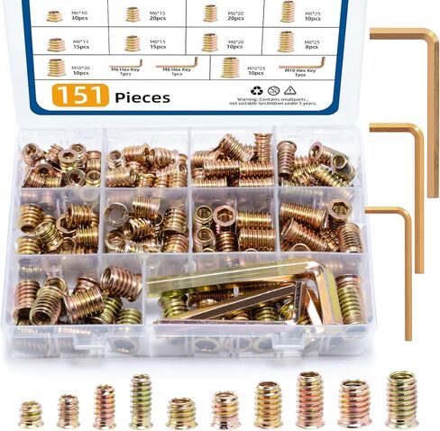 151 PCS Threaded Inserts for Wood, M6, M8, M10 Threaded Wood Inserts Furniture Screw Assortment, Suitable for Woodworking, Furniture Repair, and Nut Insert Applications in Saudi Arabia