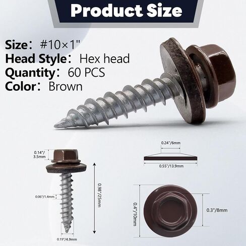 60 PCS #10×1" Metal Roofing Screws, Brown Painted Hex Head Sheet Roof Screws with EPDM Washer Self Starting Metal to Wood Siding for Corrugated Roofing in Saudi Arabia