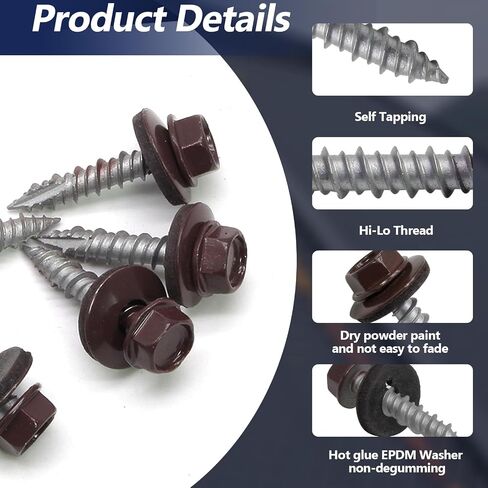 60 PCS #10×1" Metal Roofing Screws, Brown Painted Hex Head Sheet Roof Screws with EPDM Washer Self Starting Metal to Wood Siding for Corrugated Roofing in Saudi Arabia