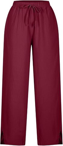 Drawstring Casual Pants Women Summer Linen Pants Elastic Wide Leg Pants Split Hem Beach Pants Trousers with Pockets in Saudi Arabia
