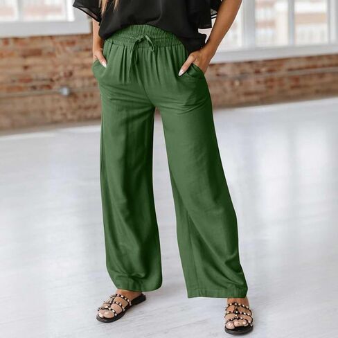 Summer Pants for Women Elastic Palazzo Pants High Waisted Wide Leg Trousers Loose Casual Lounge Pants with Pockets in Saudi Arabia