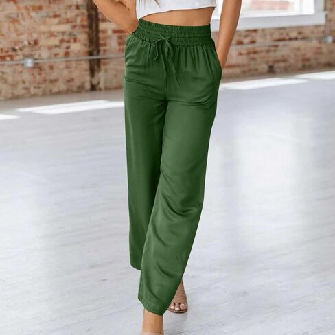 Summer Pants for Women Elastic Palazzo Pants High Waisted Wide Leg Trousers Loose Casual Lounge Pants with Pockets in Saudi Arabia