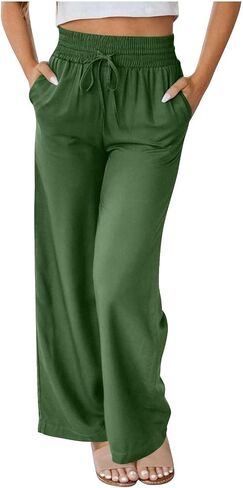 Summer Pants for Women Elastic Palazzo Pants High Waisted Wide Leg Trousers Loose Casual Lounge Pants with Pockets in Saudi Arabia