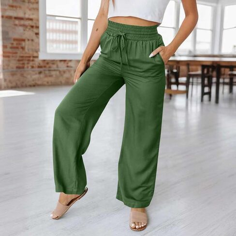 Summer Pants for Women Elastic Palazzo Pants High Waisted Wide Leg Trousers Loose Casual Lounge Pants with Pockets in Saudi Arabia