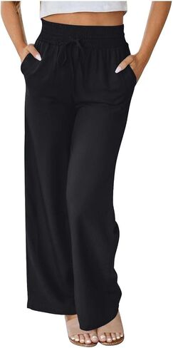 Summer Pants for Women Elastic Palazzo Pants High Waisted Wide Leg Trousers Loose Casual Lounge Pants with Pockets in Saudi Arabia