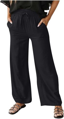 Summer Pants for Women Elastic Palazzo Pants High Waisted Wide Leg Trousers Loose Casual Lounge Pants with Pockets in Saudi Arabia