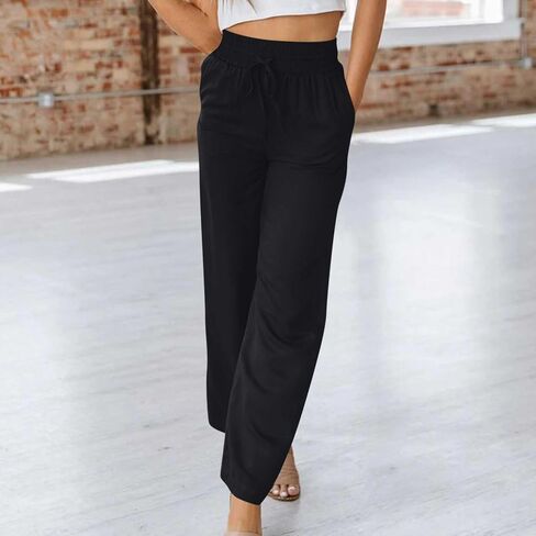 Summer Pants for Women Elastic Palazzo Pants High Waisted Wide Leg Trousers Loose Casual Lounge Pants with Pockets in Saudi Arabia