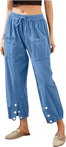 Womens Linen Pants Drawstring Casual Pants Elastic Summer Pants Comfy Wide Leg Pants Loose Beach Trousers with Pocket in Saudi Arabia