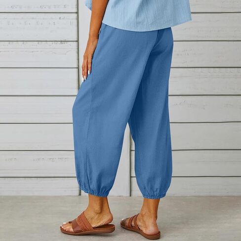 Womens Linen Pants Drawstring Casual Pants Elastic Summer Pants Comfy Wide Leg Pants Loose Beach Trousers with Pocket in Saudi Arabia
