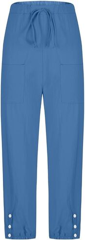 Womens Linen Pants Drawstring Casual Pants Elastic Summer Pants Comfy Wide Leg Pants Loose Beach Trousers with Pocket in Saudi Arabia
