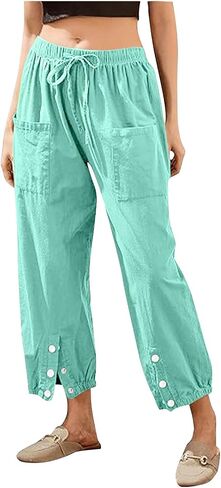 Womens Linen Pants Drawstring Casual Pants Elastic Summer Pants Comfy Wide Leg Pants Loose Beach Trousers with Pocket in Saudi Arabia