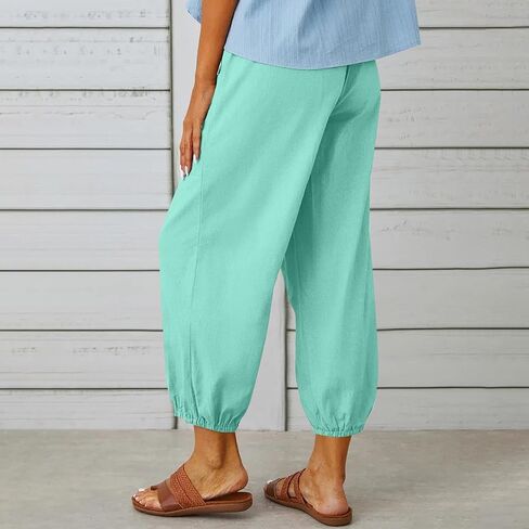Womens Linen Pants Drawstring Casual Pants Elastic Summer Pants Comfy Wide Leg Pants Loose Beach Trousers with Pocket in Saudi Arabia