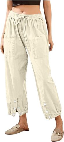 Womens Linen Pants Drawstring Casual Pants Elastic Summer Pants Comfy Wide Leg Pants Loose Beach Trousers with Pocket in Saudi Arabia