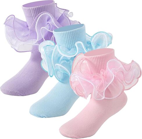 Girls Ruffle Socks Toddler 4-Layer Big Lace Frilly Dress Socks | 3 Pairs Turn Cuff Tutu Socks Soft Cotton Fancy Pageant Princess Socks for Little Girl Easter Pageant Church School Outfit in Saudi Arabia