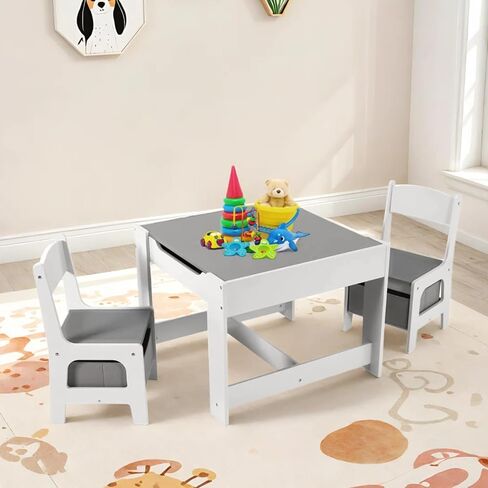 Arlopu Kids Table and Chair Set, 4 in 1 Wooden Activity Desk, w/Blackboard, Storage, 2 in 1 Tabletop for Toddlers Art Crafts Drawing Reading Playroom, Natural in Kuwait