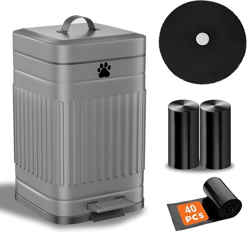 Dog Poop Trash Can Outside, 5L/1.3Gal Metal Dog Waste Trash Can with Lid, Foot Pedal, Pet Waste Container with 40 Bags, Poop Bucket with Lid Soft Close for Pet, Grey in Saudi Arabia