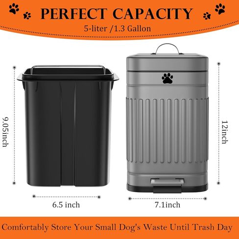 Dog Poop Trash Can Outside, 5L/1.3Gal Metal Dog Waste Trash Can with Lid, Foot Pedal, Pet Waste Container with 40 Bags, Poop Bucket with Lid Soft Close for Pet, Grey in Saudi Arabia