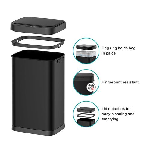 13 Gallon Stainless Steel Touchless Sensor Trash Can with, Wide Rectangular Design, Brushed Finish – Automatic Lid for Home, Office, Kitchen, Bathroom, and Commercial Use (Black) in Kuwait