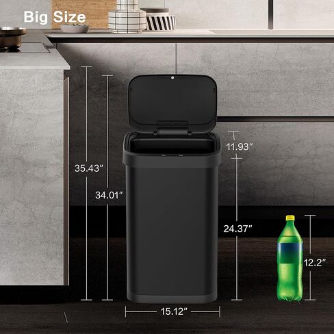 13 Gallon Stainless Steel Touchless Sensor Trash Can with, Wide Rectangular Design, Brushed Finish – Automatic Lid for Home, Office, Kitchen, Bathroom, and Commercial Use (Black) in Kuwait