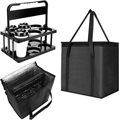 Reusable 6 Cup Drink Carrier with Handle and Insulated Bag for Hot and Cold Drink/Food, Foldable Plastic Cup Holder and Large Capacity Insulated Food Bag for Travel and Delivery, Red in Saudi Arabia
