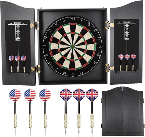 مجموعة DARTBOARD المهنية المتينة - خزانة سهام خشبية سوداء مع لوحة النتائج ، لعبة رياضية محمولة للبالغين ، واقي جدران DART مع 6 رهان مناسبة للمنزل ، وغرفة النوم ، والحانات والأندية in Kuwait